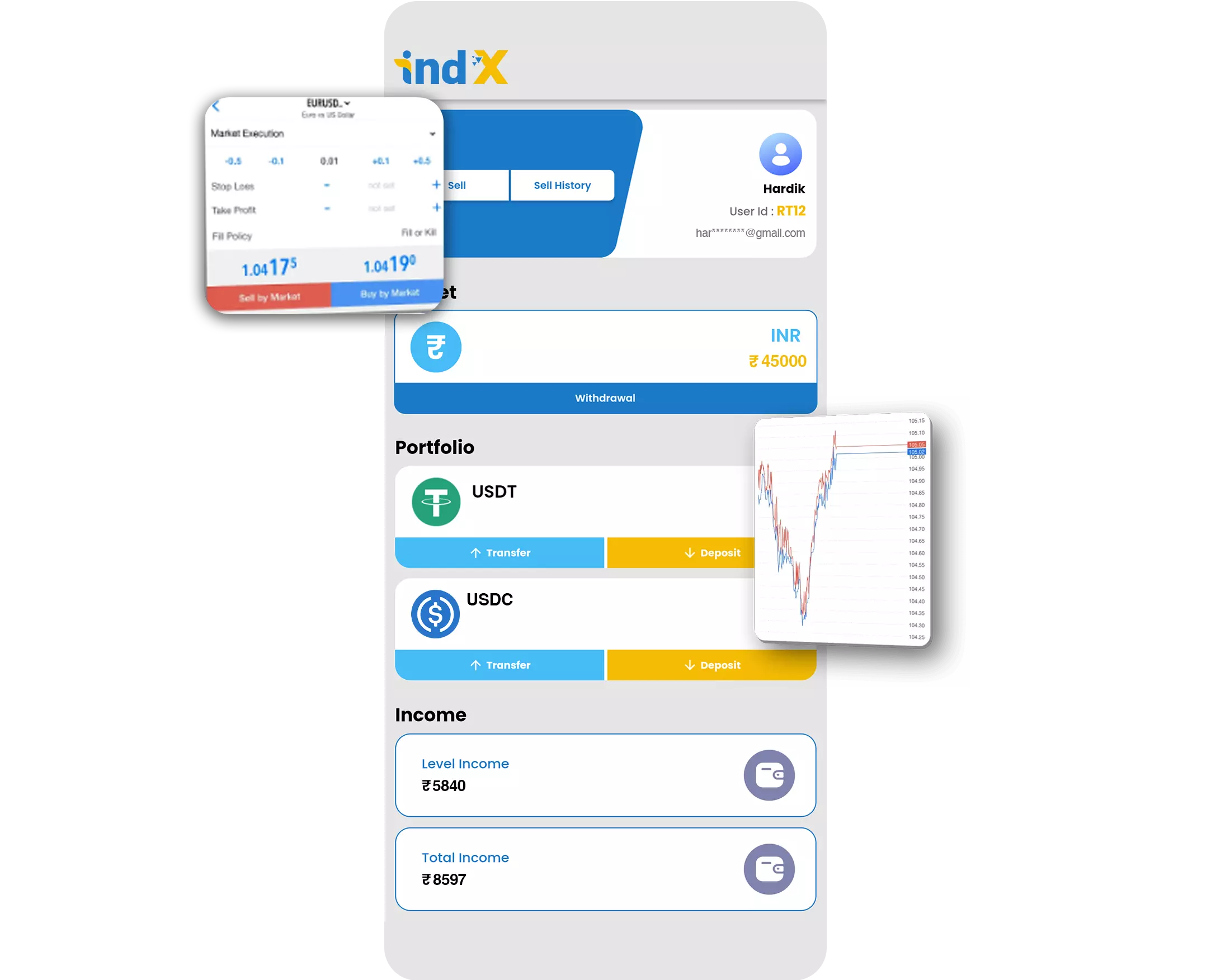 Ind-X USDT app screen with wallet and portfolio
