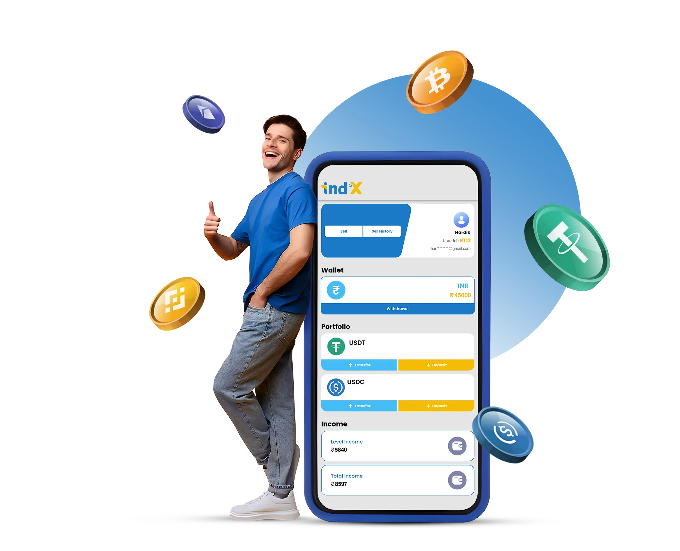 IndX Exchange app wallet screen with USDT and USDC balances