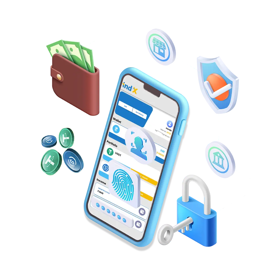 IndX wallet security with fingerprint, face check and lock
