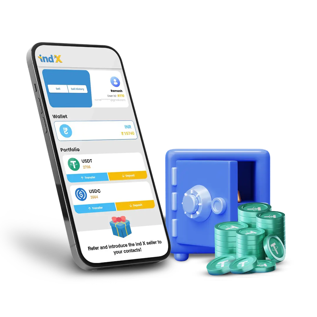 IndX wallet app with USDT kept in a secure safe