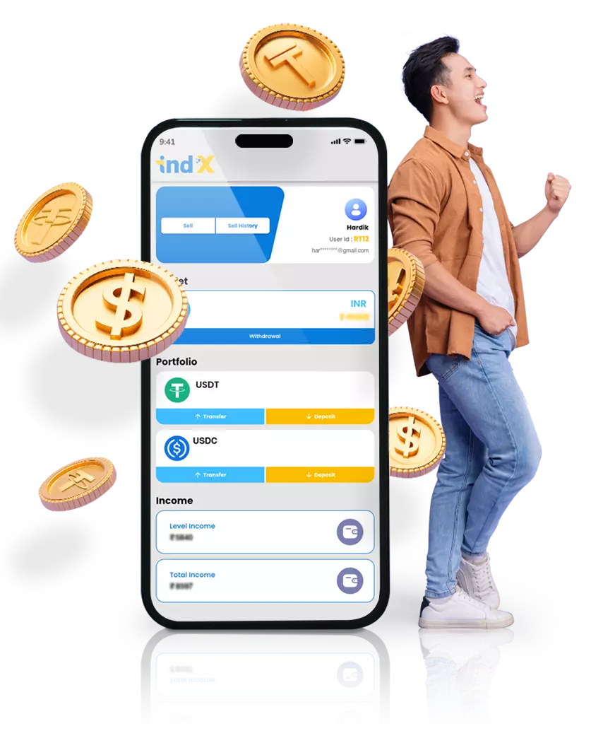 IndX Exchange app showing USDT and USDC wallet balances